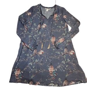 Yumi witchy Owl Print Tunic Dress Long Sleeve Tie Neck Gold Tassels Blue